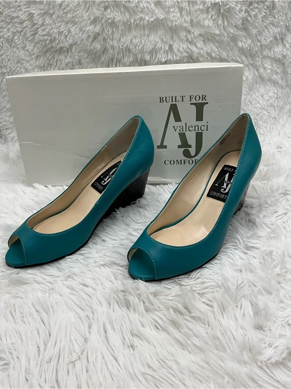 AJ Valenci Wedge Pumps Size 6.5 W Teal Peep-Toe Wedge Heels NEW IN BOX